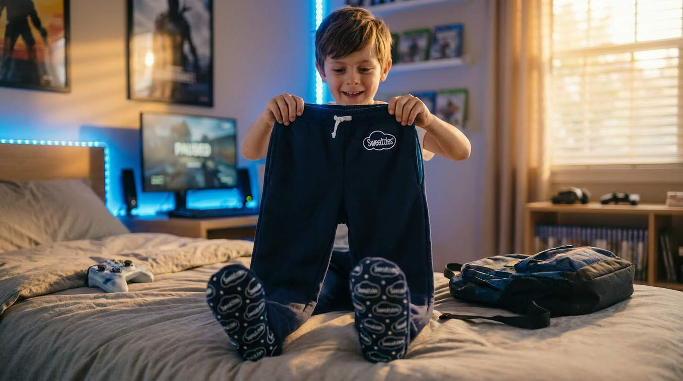 Boy holding Sweatzies pants on his bed